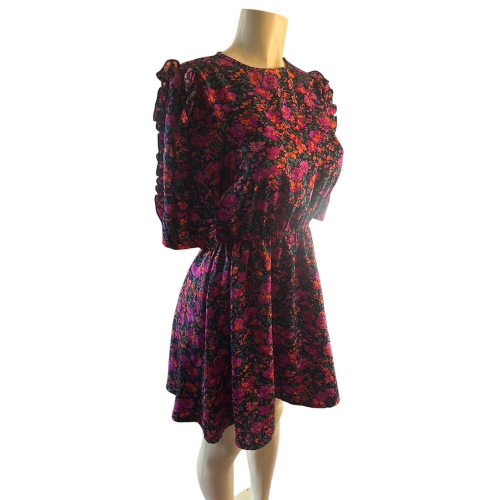 Women US-6 Girl In Mind Pink Floral Printed Ruffle Mini Dress Puff Sleeve